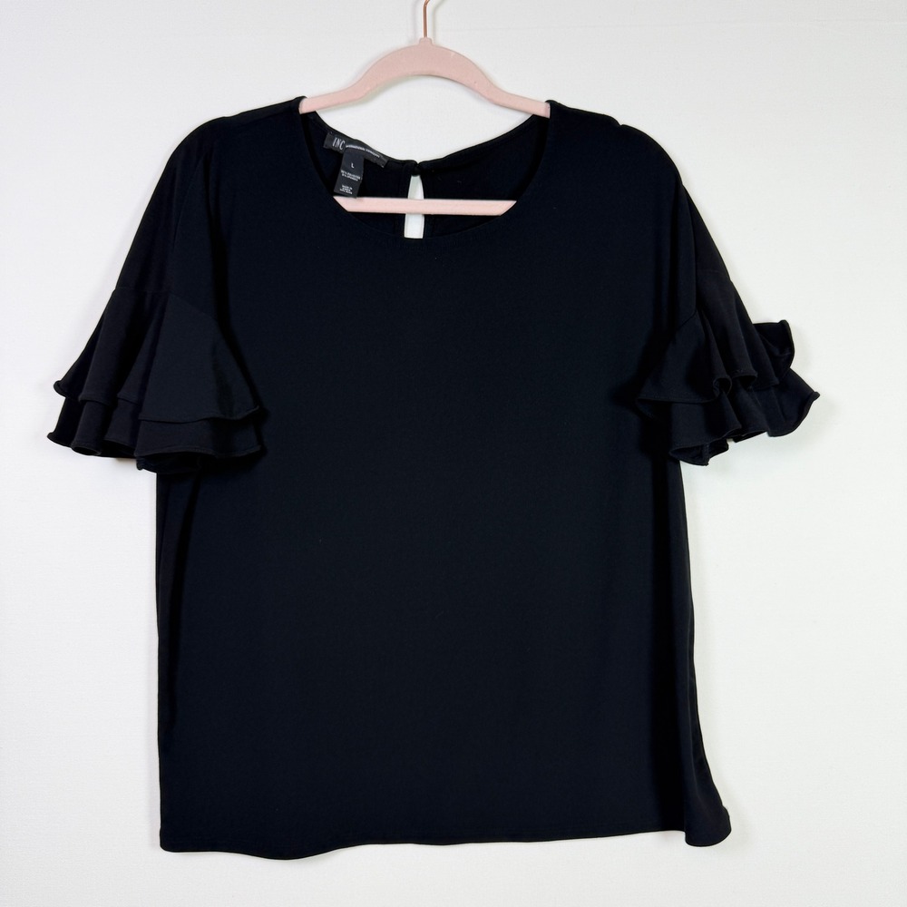 INC Black Ruffle Tiered Sleeve Keyhole Back Blouse Top Size L
